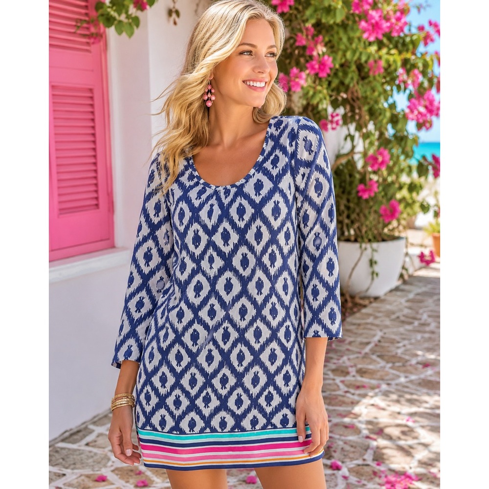 Lilly Pulitzer‎ Beacon Dress Navy White Fish Print Pima Cotton Striped Hem- M